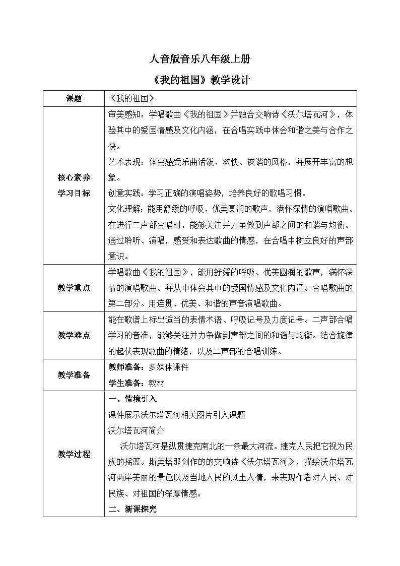 【核心素养目标】人音版（2012）音乐八上4.1《我的祖国》教学设计第1页