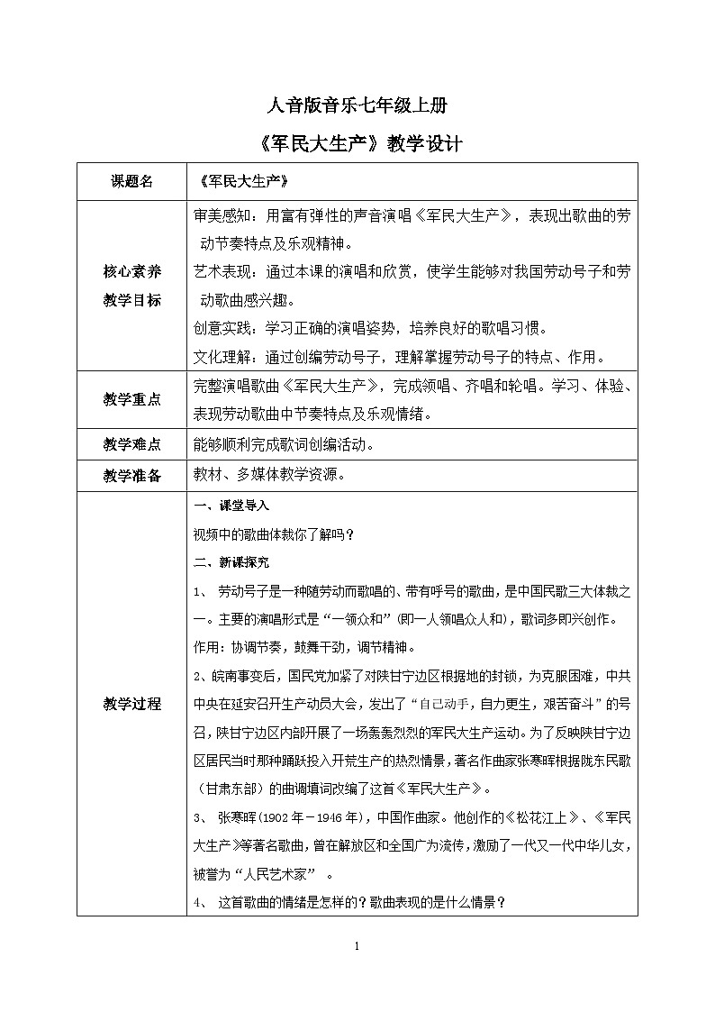 【核心素养目标】人音版（2012）音乐七上《☆军民大生产》课件+教学设计01
