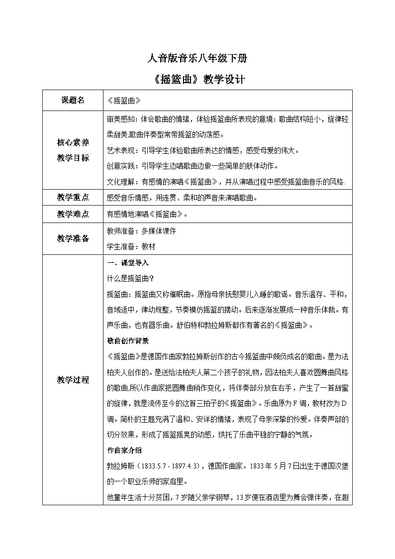 【核心素养目标】人音版音乐八下2.1 摇篮曲 课件+教学设计+素材01
