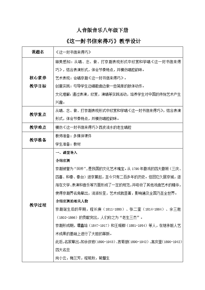 【核心素养目标】人音版音乐八下5.1 这一封书信来得巧 教学设计第1页