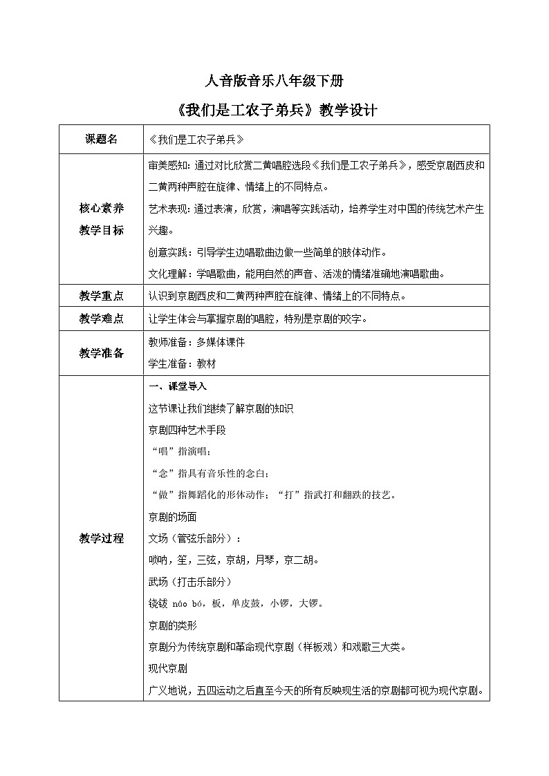 【核心素养目标】人音版音乐八下5.4 我们是工农子弟兵 教学设计第1页