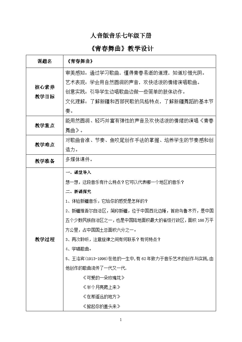 【核心素养目标】人音版（2012）音乐七下3.1 青春舞曲 教学设计第1页