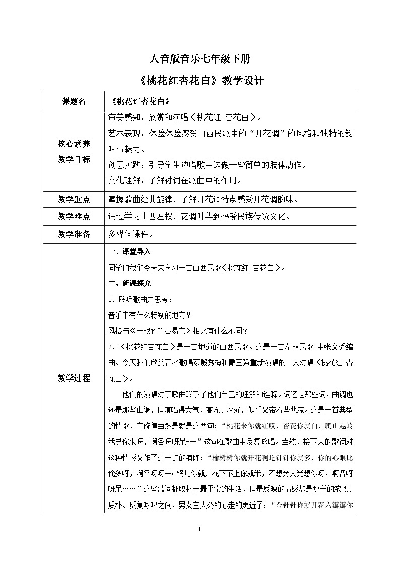 【核心素养目标】人音版（2012）音乐七下5.5 桃花红杏花白 课件+教学设计+音视频素材01