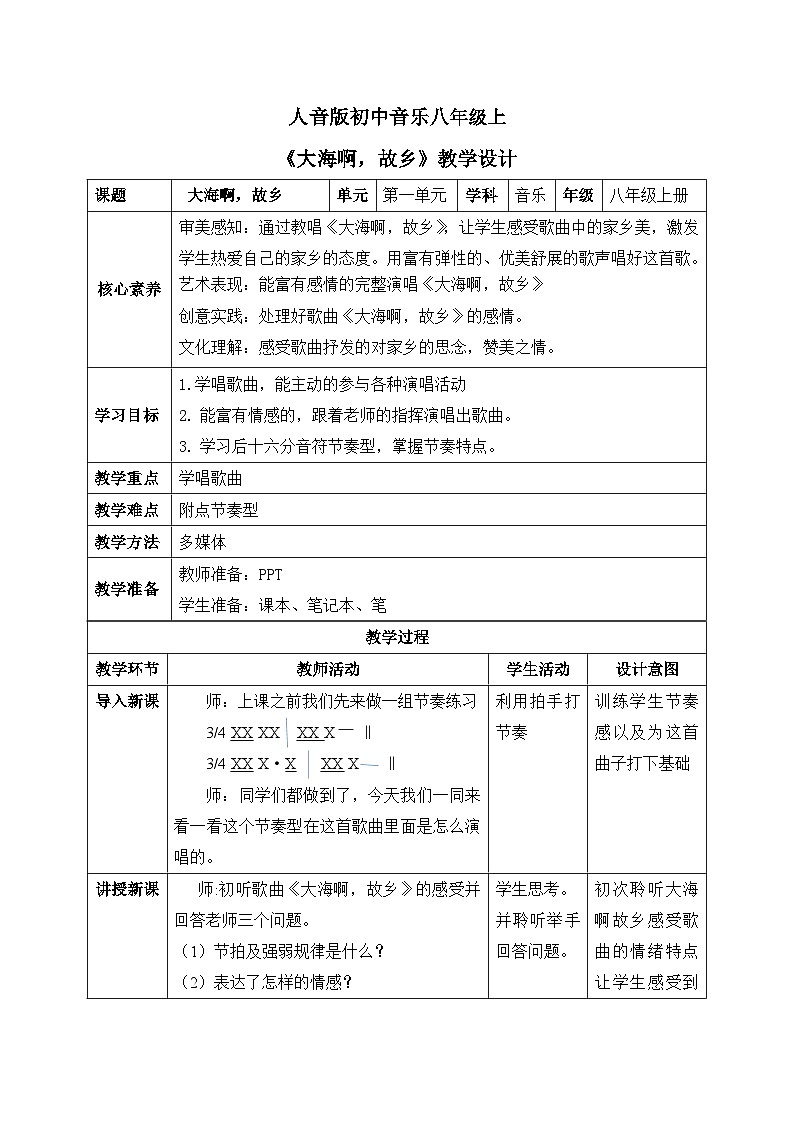 【核心素养目标】人音版初中音乐八年级上 第一单元 《大海啊，故乡》课件+教学设计01