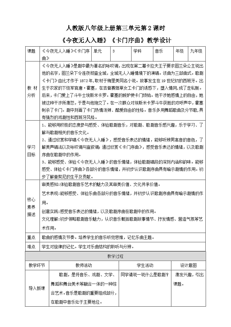 【人教版】八上音乐  第三单元第2课时《今夜无人入睡》《卡门序曲》（课件+教案+素材）01