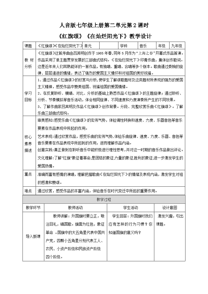 【人教版】七上音乐   第二单元第2课时《红旗颂》《在灿烂阳光下》（课件+教案+素材）01