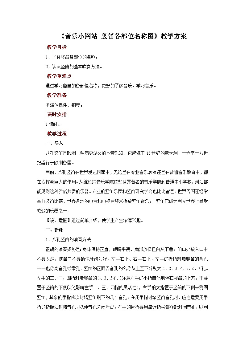 人音版七年级上册音乐教案《音乐小网站+竖笛各部位名称图》+示范教案01