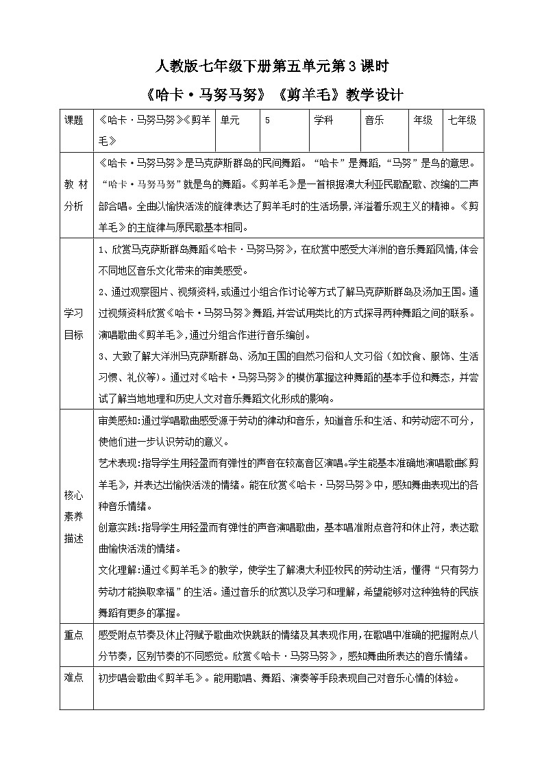 【人教版】七下音乐 第五单元第3课时《哈卡·马努马努》演唱《剪羊毛》课件+教案+素材01