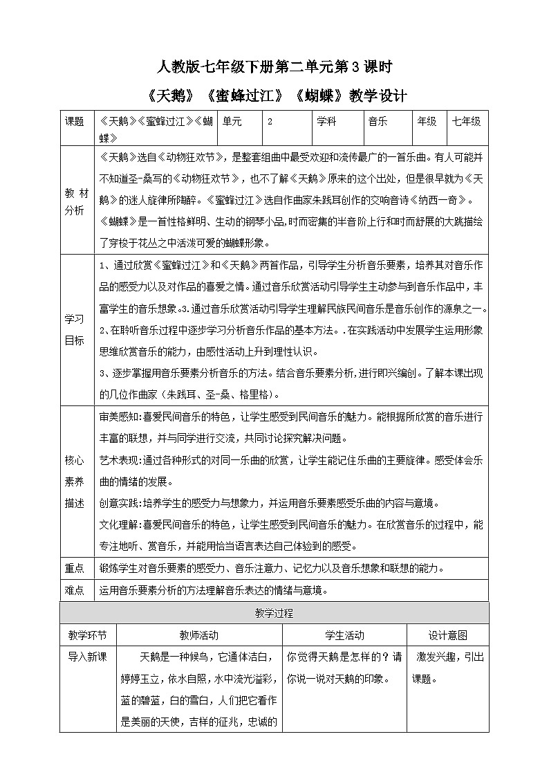 【人教版】七下音乐 第二单元第3课时《天鹅》《蜜蜂过江》《蝴蝶》课件+教案+素材01