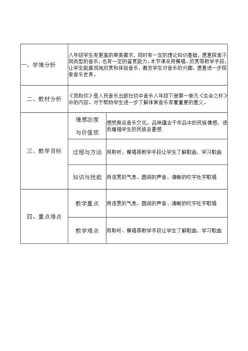 人音版八年级下册第一单元《生命之杯：我和你》教案第1页