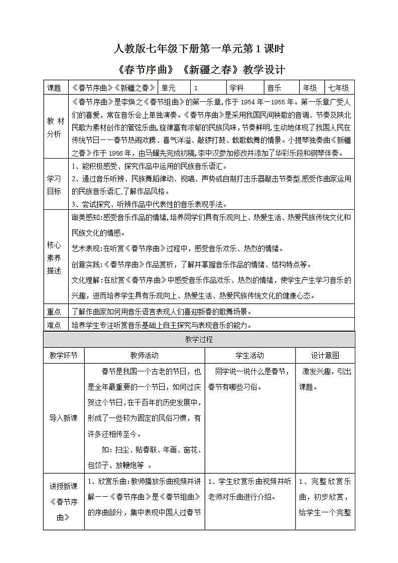 【核心素养】人教版七下1.1《春节序曲》《新疆之春》课件+教案+素材01