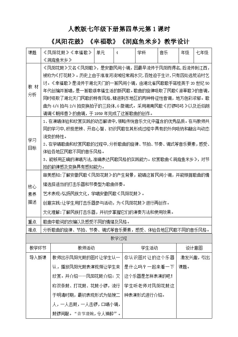 【核心素养】人教版七下4.1《凤阳花鼓》《幸福歌》《洞庭鱼米乡》课件+教案+素材01