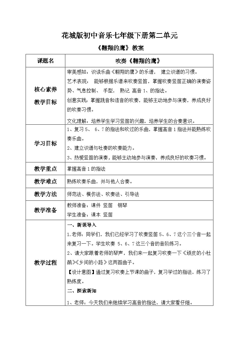 【核心素养目标】粤教花城版初中音乐七年级下册 《翱翔的鹰》教案第1页