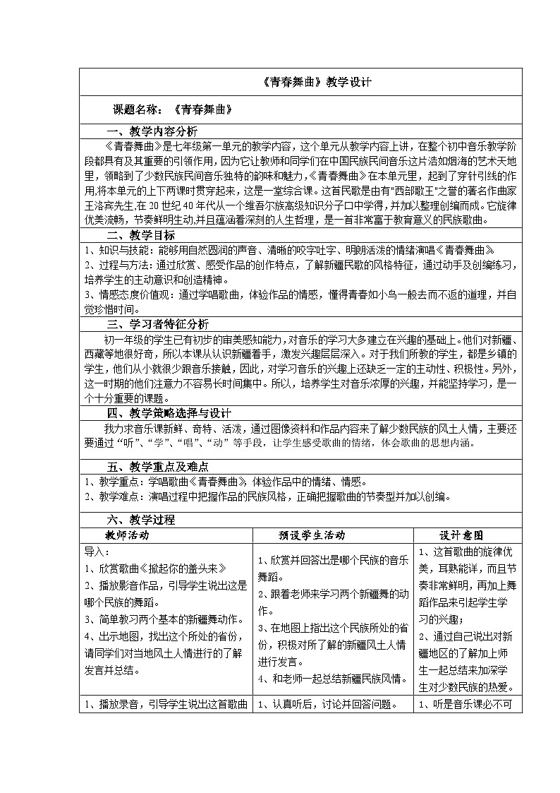 第一单元 歌舞青春—— 唱歌 青春舞曲--教案初中音乐人教版八年级上册第1页