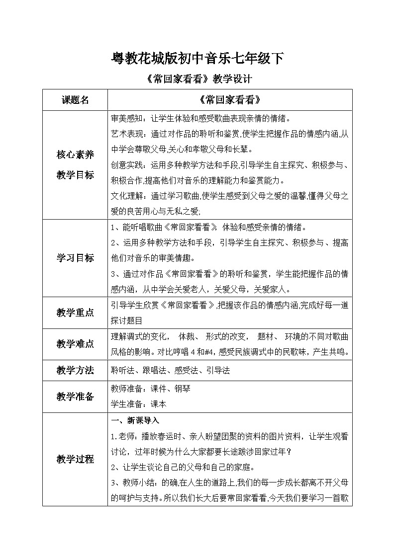 【核心素养目标】粤教花城版初中音乐七年级下册 4《常回家看看》课件+教案+素材（含课后反思）01