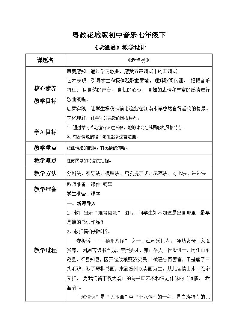 【核心素养目标】粤教花城版初中音乐七年级下册+5《老渔翁》课件+教案+素材（含课后反思）01