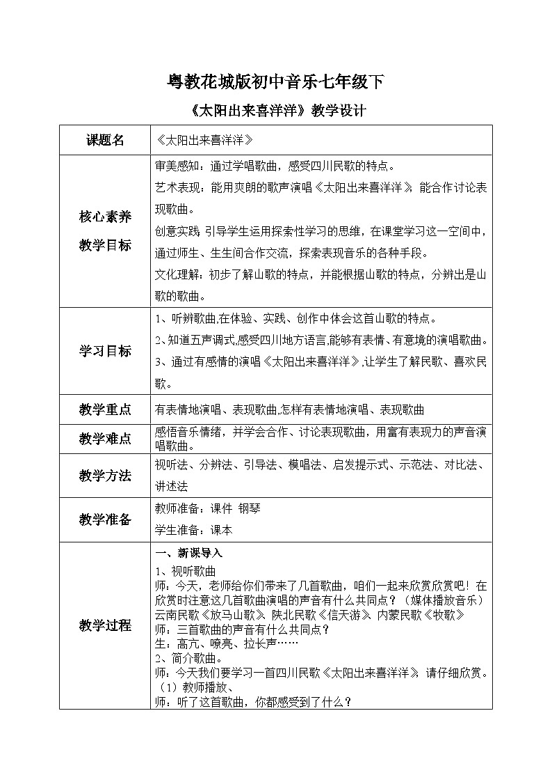 【核心素养目标】粤教花城版初中音乐七年级下册+7《太阳出来喜洋洋》课件+教案+素材（含课后反思）01