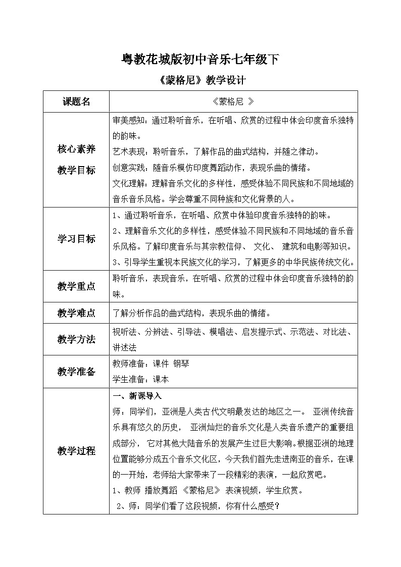 【核心素养目标】粤教花城版初中音乐七年级下册+1《蒙格尼》课件+教案+素材（含课后反思）01