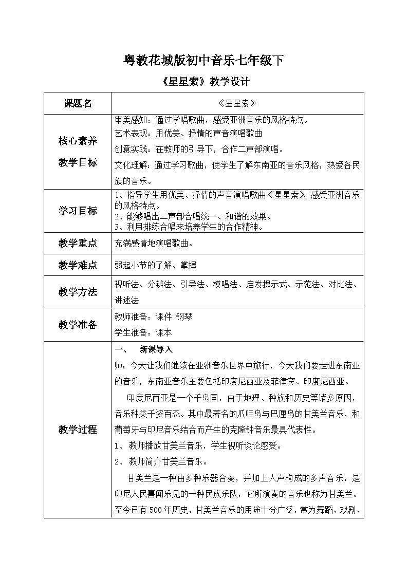 【核心素养目标】粤教花城版初中音乐七年级下册+3《星星索》课件+教案+素材（含课后反思）01