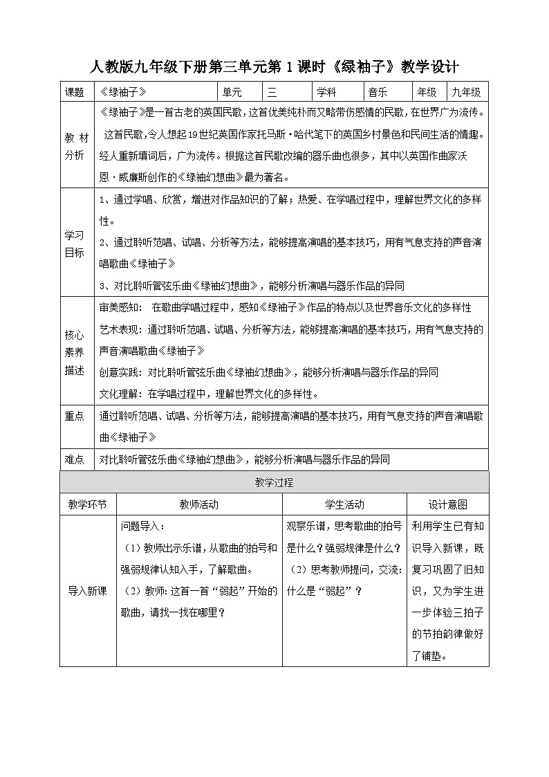 【核心素养】人教版音乐九年级下册3.1《绿袖子》课件+教案+素材01