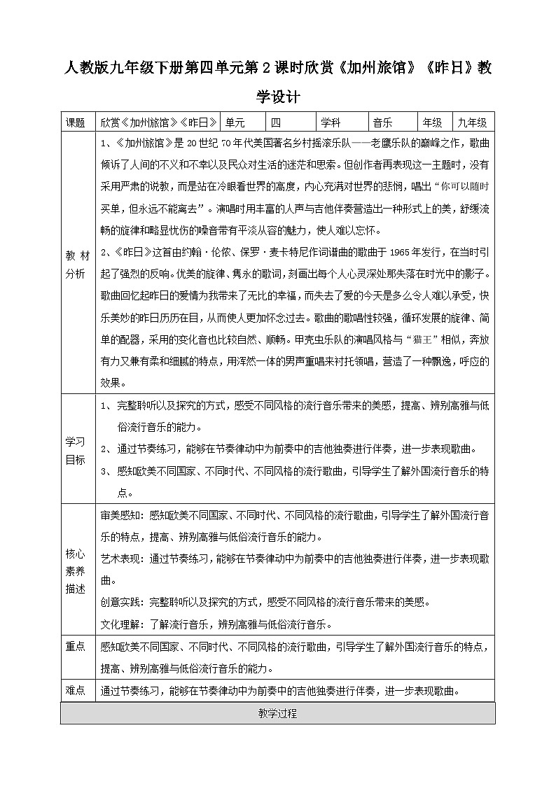 【核心素养】人教版音乐九年级下册4.2《加州旅馆》《昨日》课件+教案+素材01