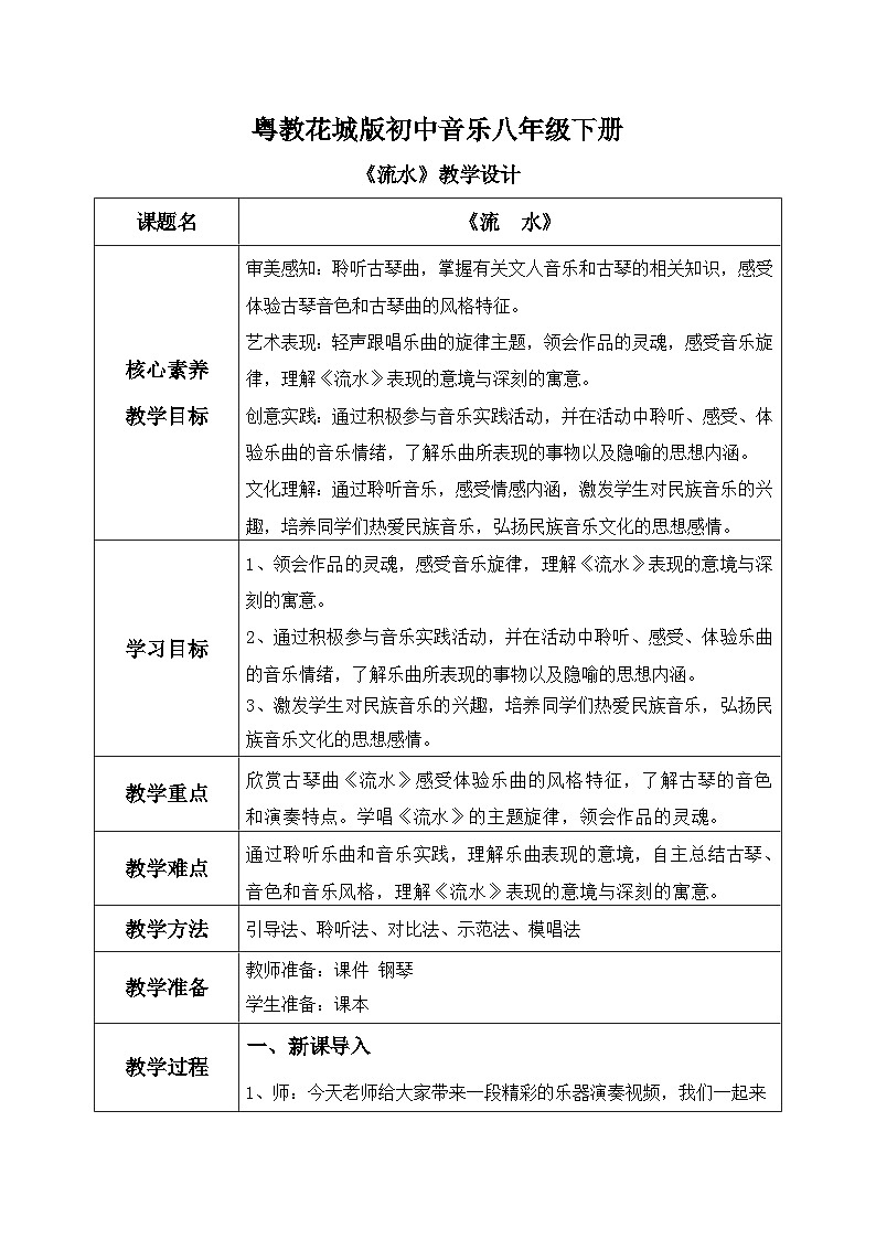 【核心素养目标】粤教花城版初中音乐八年级下册 《流水》教案+课件+素材（含教学反思）01