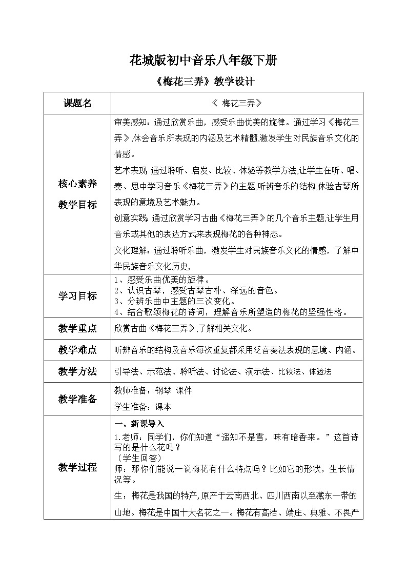 【核心素养目标】花城版初中音乐八年级下册 《梅花三弄》 教案+课件+素材（含教学反思）01