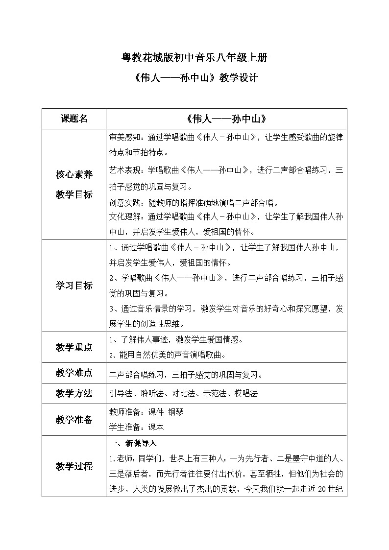 【核心素养目标】花城版初中音乐八年级上册 《伟人—孙中山》 教案第1页