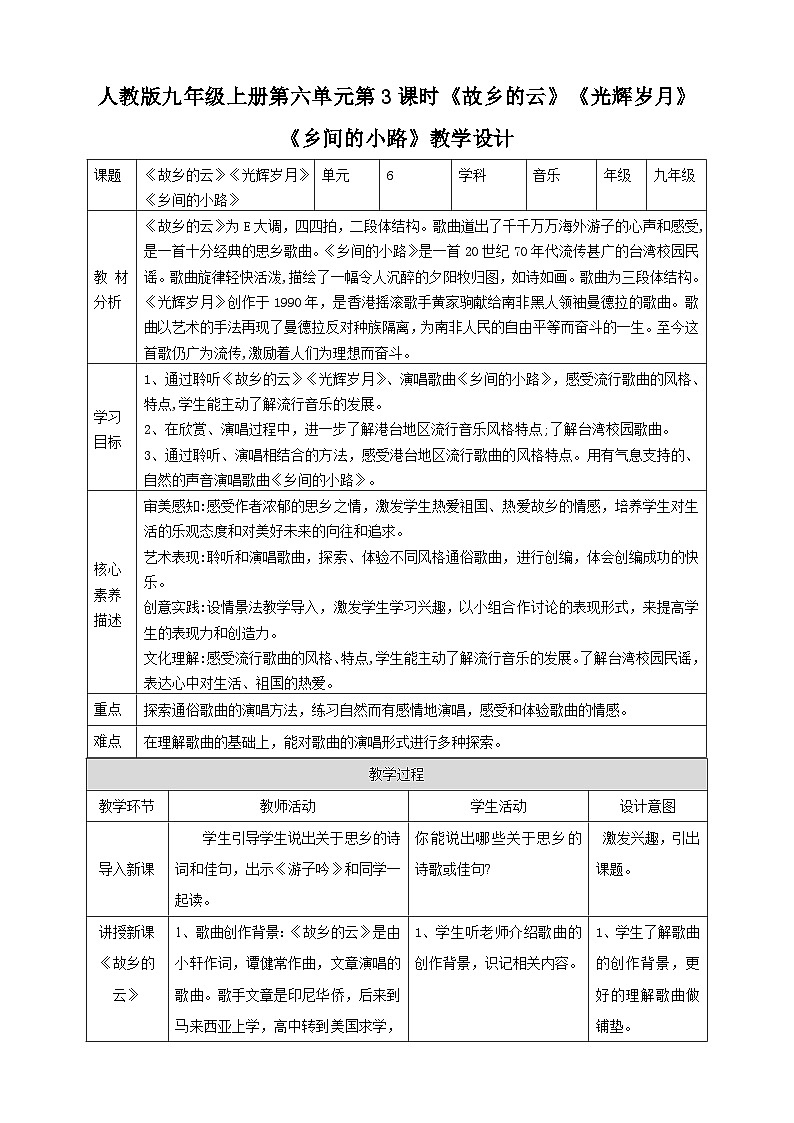 【人教版】九上音乐  第六单元第3课时《故乡的云》《光辉岁月》《乡间的小路》(课件+教案+素材）01