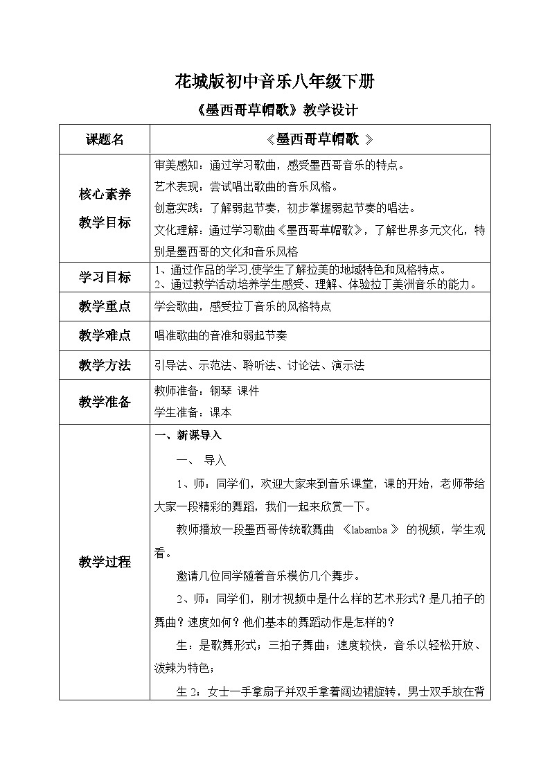 【核心素养目标】花城版初中音乐八年级下册 《墨西哥草帽歌》 教案+课件+素材（含教学反思）第1页