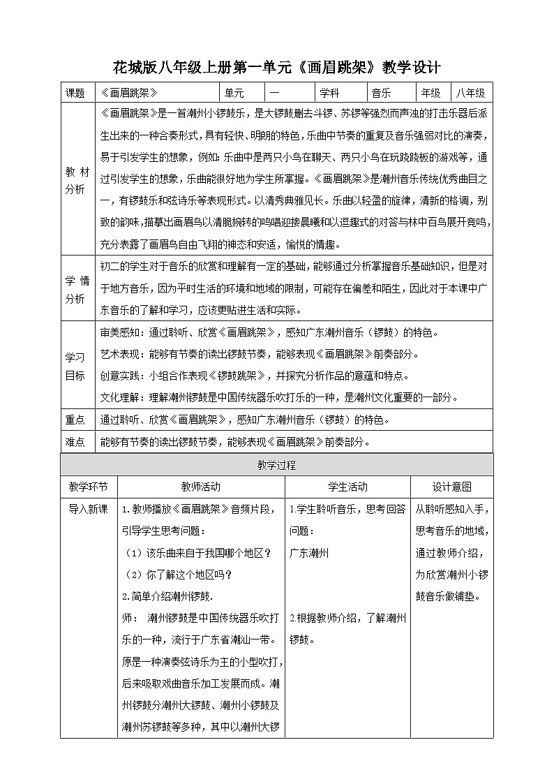 【核心素养目标】花城版八上音乐  第一单元《画眉跳架》课件+教案+素材01