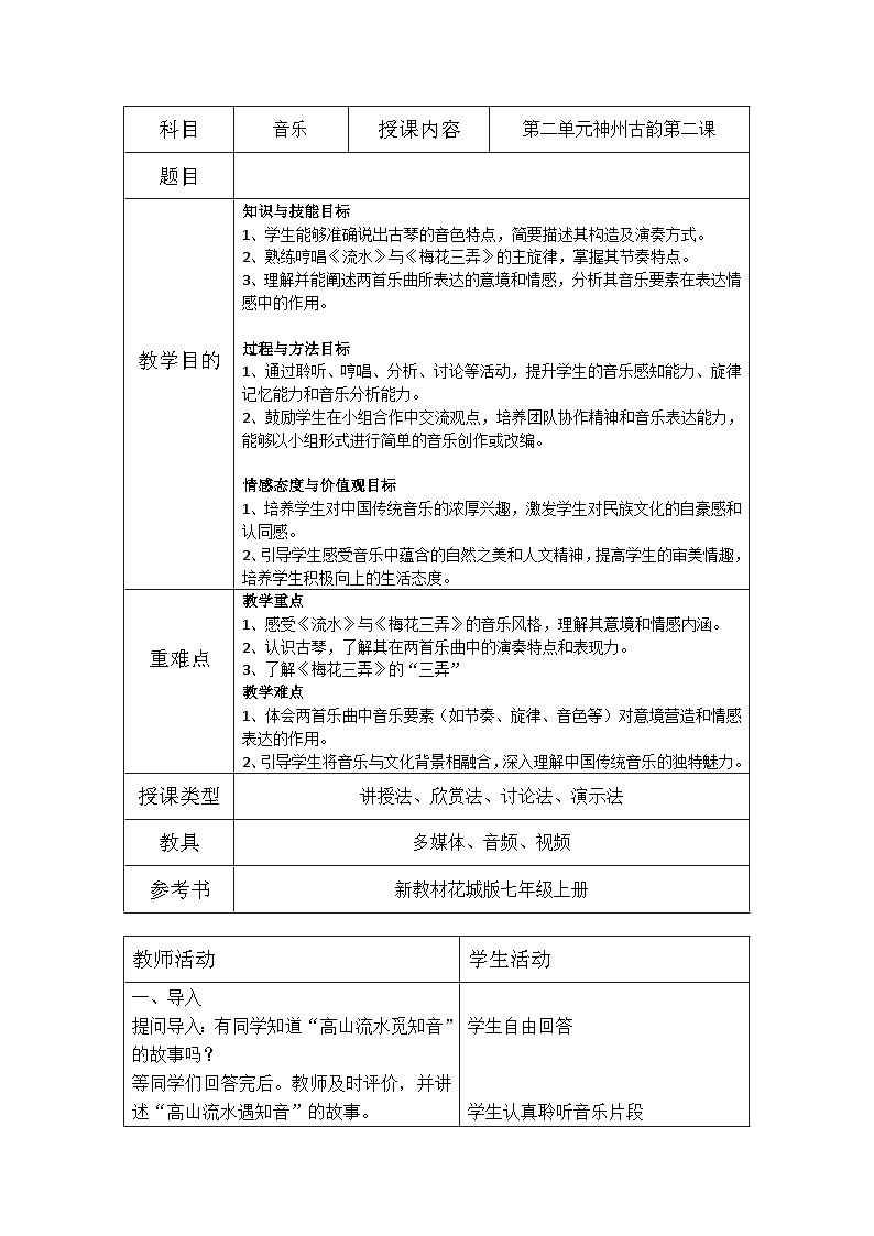 第二单元神州古韵——梅花三弄 教学设计 2024-2025学年粤教花城版（2024）初中音乐七年级上册第1页