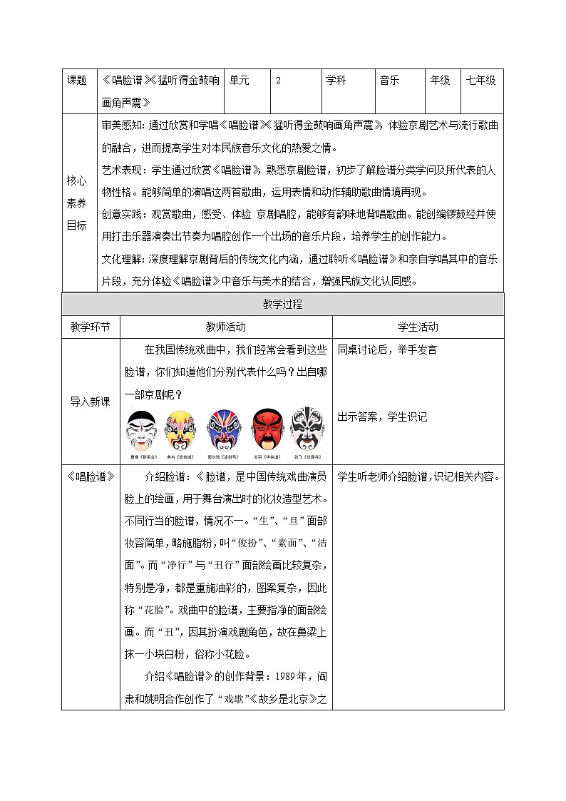 【新教材】人音版初中音乐七下第二单元《唱脸谱》《猛听得金鼓响画角声震 》教案第1页