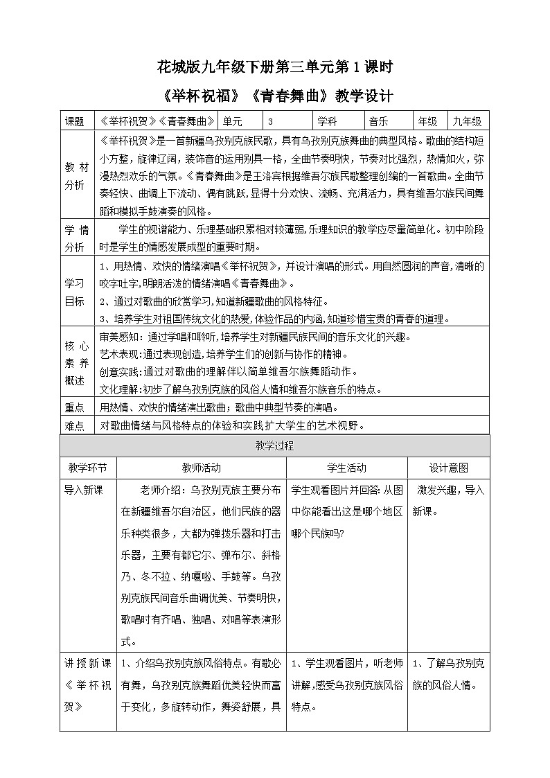 花城版音乐九年级下册第三单元第1课时《举杯祝贺》《青春舞曲》教案第1页