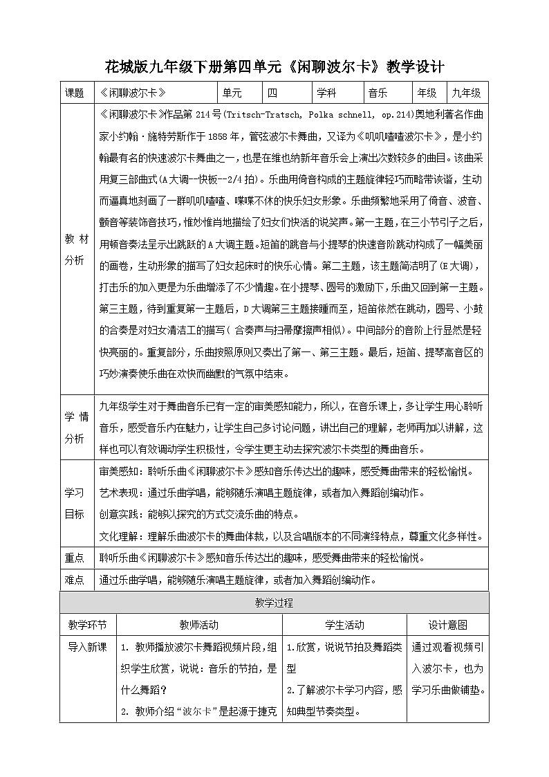 花城版音乐九年级下册第四单元《闲聊波尔卡》教案第1页