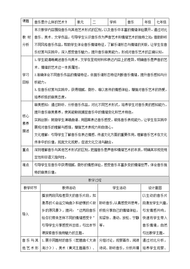 【新教材】人教版音乐7下第二单元项目一音乐是什么样的艺术 教案第1页