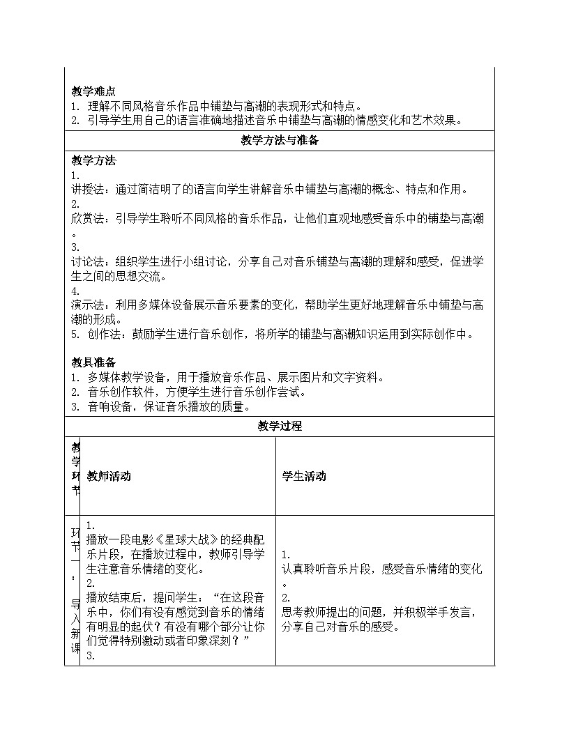 初中  音乐  人教版（2024）  七年级下册第三单元 学习项目三 《感受音乐的铺垫与高潮》教案设计  2024—2025学年人教版音乐七年级下册第2页