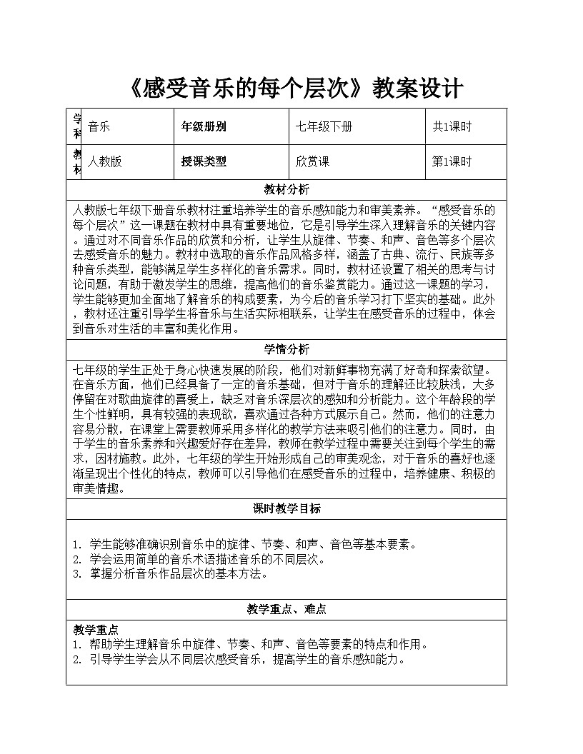 初中  音乐  人教版（2024）  七年级下册第三单元 学习项目二 《感受音乐的每个层次》教案设计  2024—2025学年人教版音乐七年级下册教案第1页