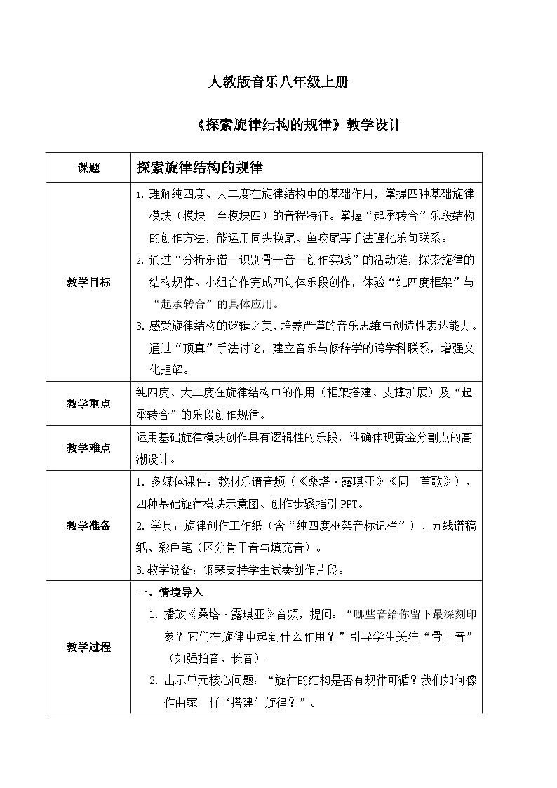 人教版（2024）八年级上册音乐学习项目二《探索旋律结构的规律》  教案第1页