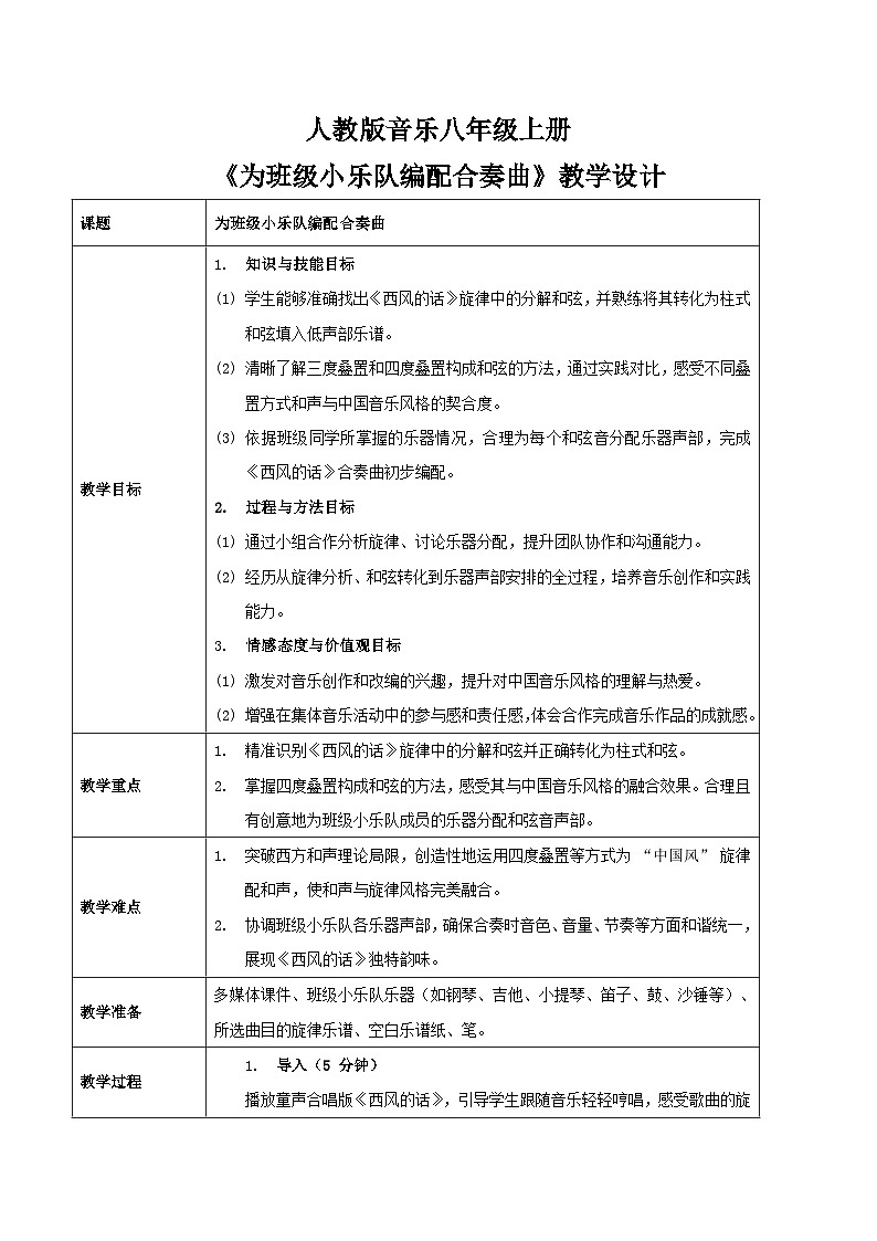 人教版（2024）八年级上册音乐第二单元学习项目三《为班级小乐队编配合奏曲》教案第1页
