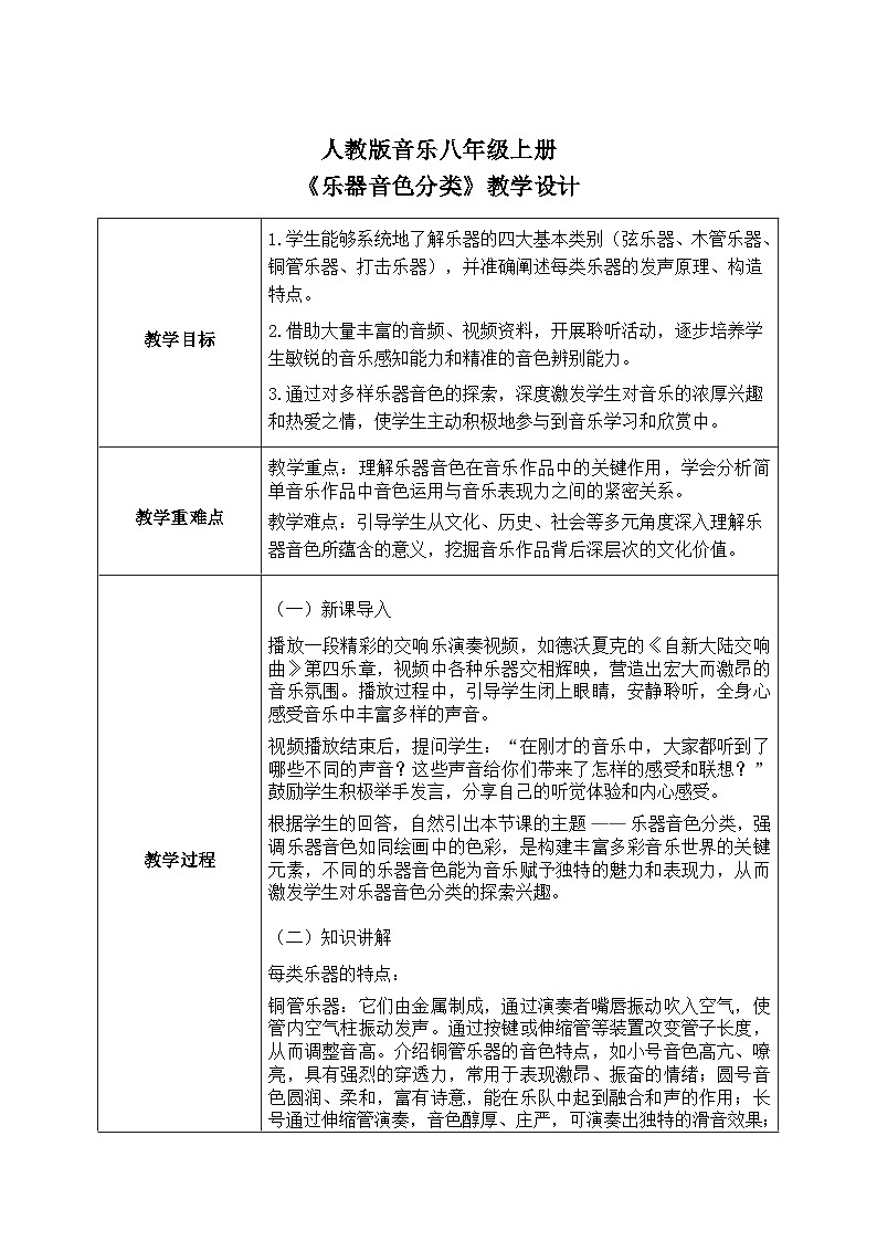 人教版（2024）八年级上册音乐第四单元学习项目二《乐器音色分类》教案第1页