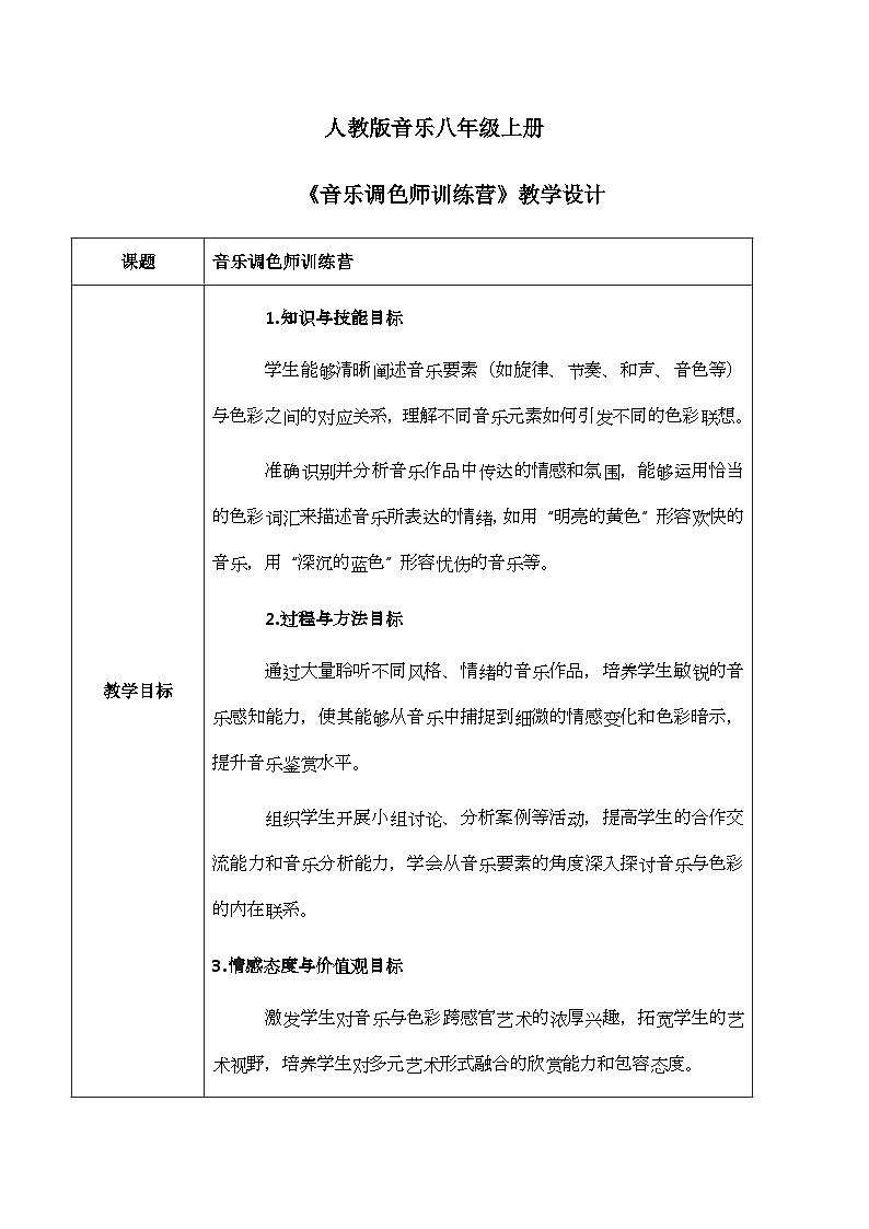 人教版（2024）八年级上册音乐第四单元学习项目四《音乐调色师训练营》教案第1页
