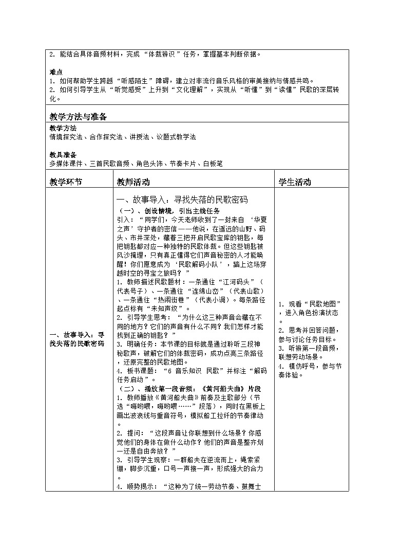 《第二单元 华夏之声 文化根脉：6 音乐知识 民歌》教学设计（表格版）-2025-2026学年湘艺版（2024）音乐七年级上册第2页