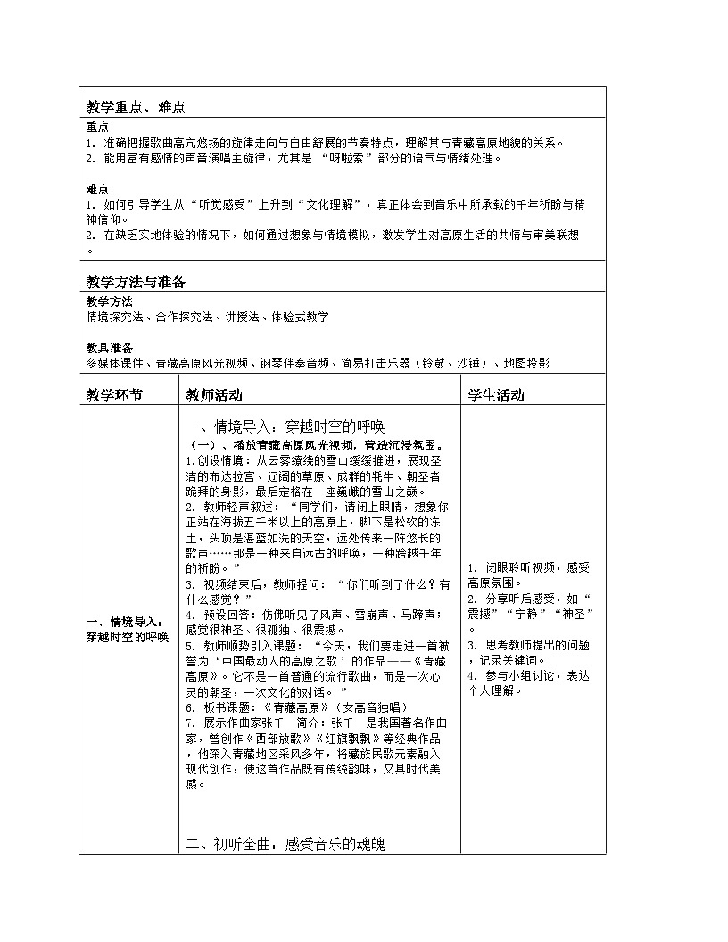 《第四单元 多姿多彩的乐音世界：1 青藏高原》教学设计（表格版）-2025-2026学年湘艺版（2024）音乐七年级上册第2页