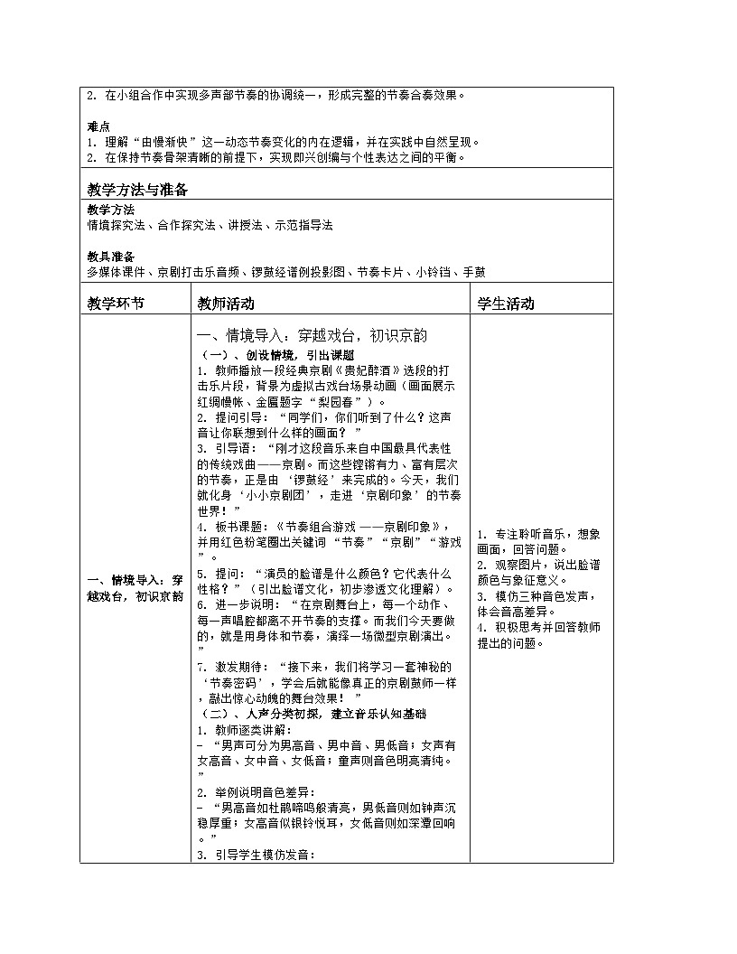 《第四单元 多姿多彩的乐音世界：实践园地 节奏组合游戏——京剧印象》教学设计（表格版）-2025-2026学年湘艺版（2024）音乐七年级上册第2页