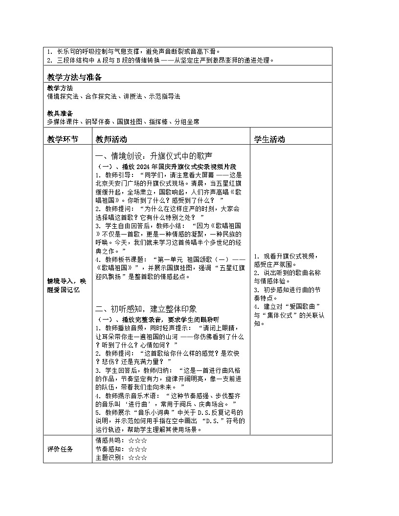 《第一单元 祖国颂歌（一）：演唱 歌唱祖国》教学设计（表格版）-2025-2026学年人音版（简谱）（2024）音乐七年级上册第2页