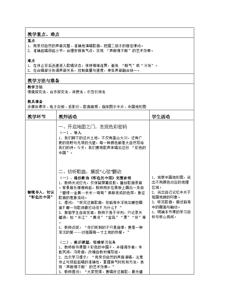 《第一单元 祖国颂歌（一）：演唱 彩色的中国》教学设计（表格版）-2025-2026学年人音版（简谱）（2024）音乐七年级上册第2页