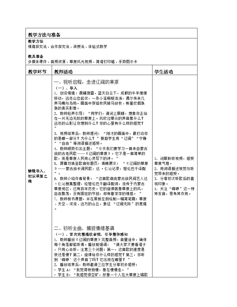 《第五单元 草原牧歌：欣赏 辽阔的草原》教学设计（表格版）-2025-2026学年人音版（简谱）（2024）音乐七年级上册第2页