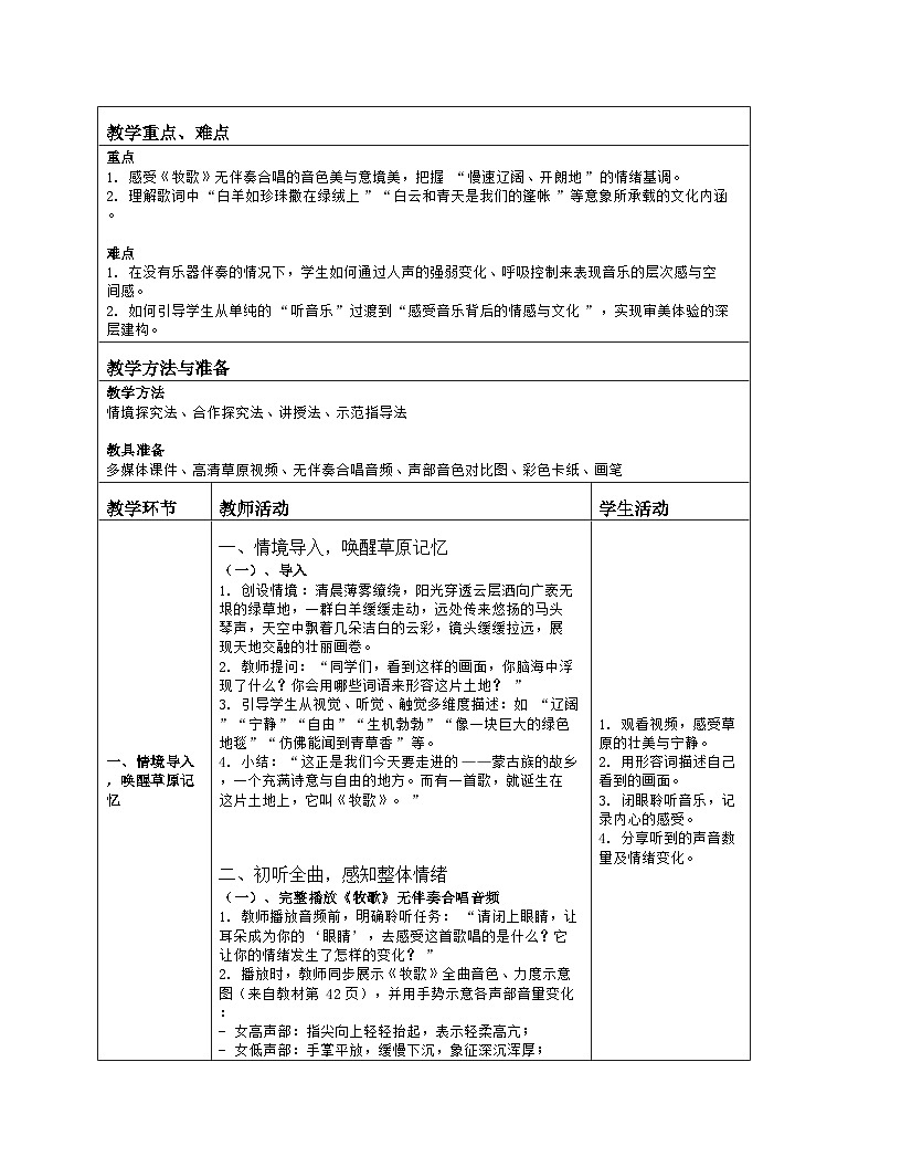 《第五单元 草原牧歌：欣赏 牧歌》教学设计（表格版）-2025-2026学年人音版（简谱）（2024）音乐七年级上册第2页