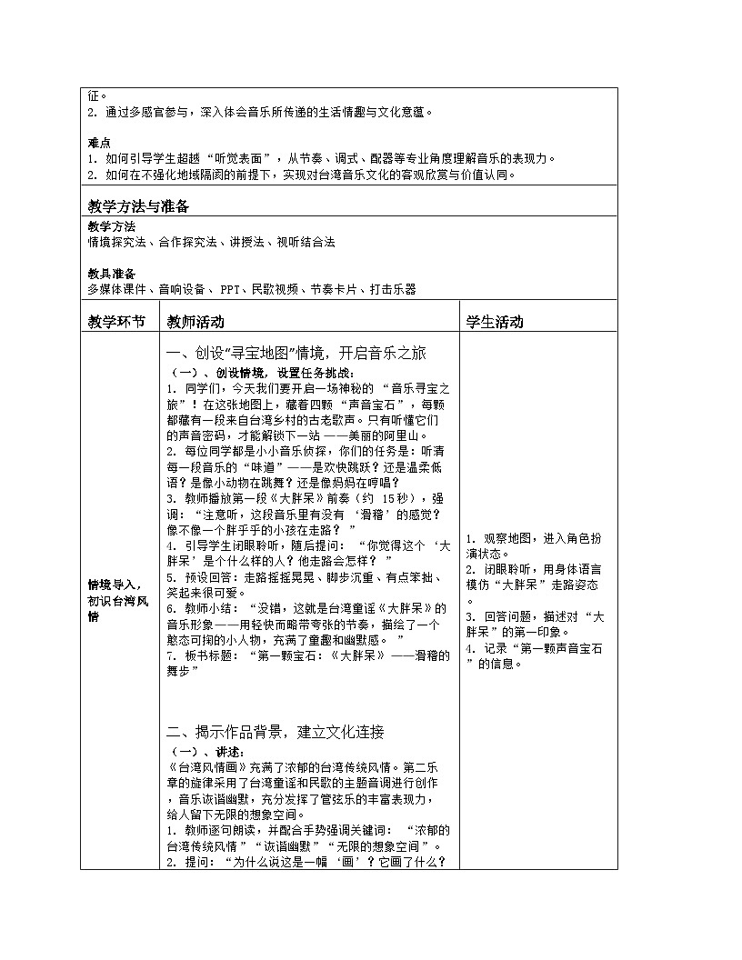 《第六单元 美丽家乡：欣赏 台湾风情画》教学设计（表格版）-2025-2026学年人音版（简谱）（2024）音乐七年级上册第2页